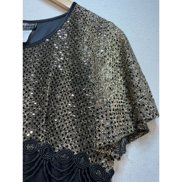 Molly Malloy Evening Party Dress Womens 6 Petite Black Gold Glittery A-Line Midi - Picture 7 of 16
